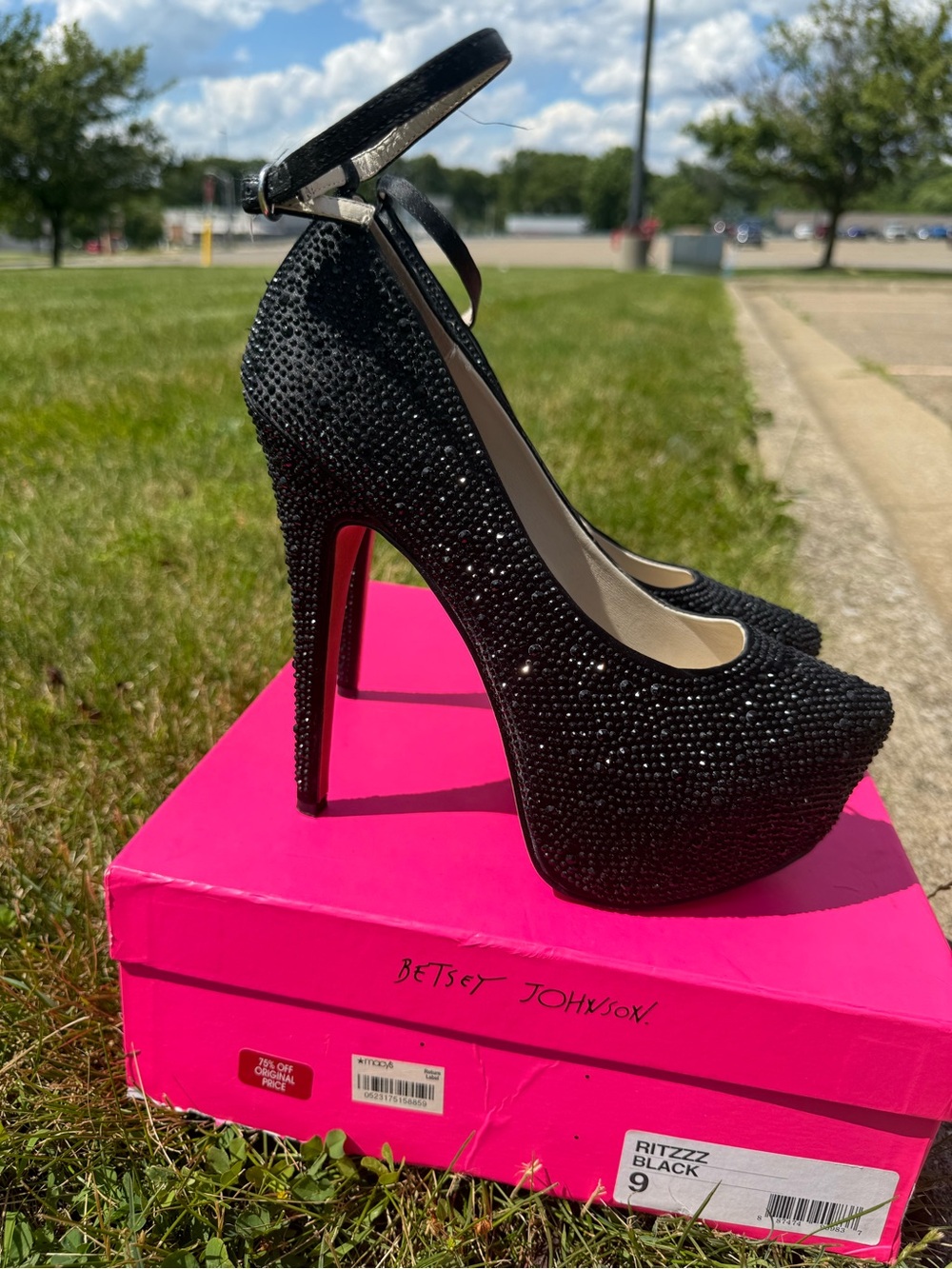 Betsey Johnson Black Crystal Platform Ankle-Strap Pumps